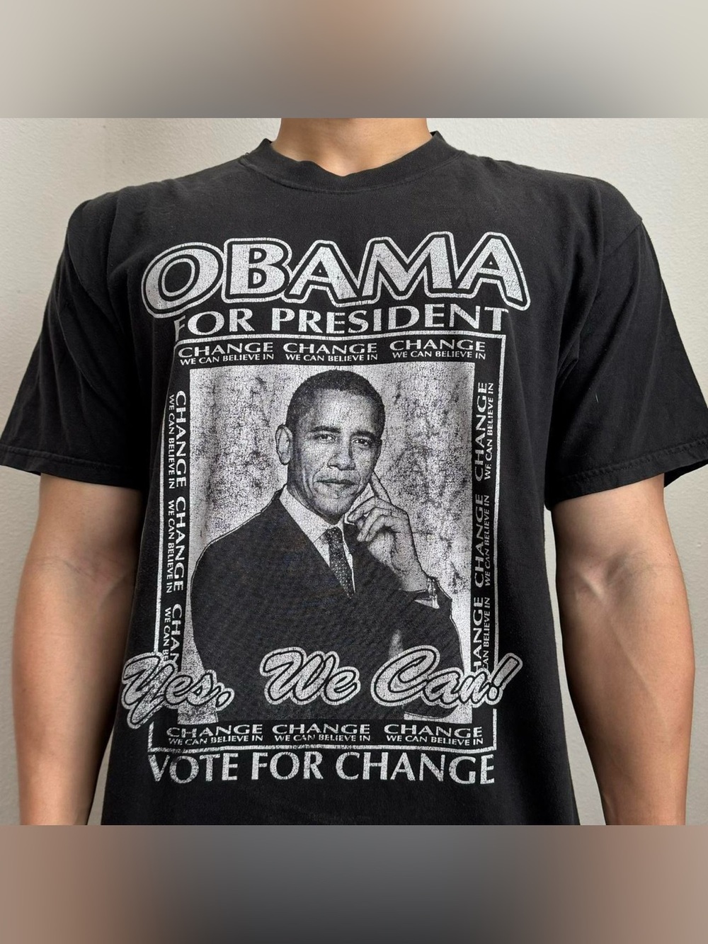 Vintage 2000s Barack Obama AOP Graphics Black Tee Shirt